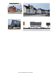 Bildet viser en fasadetegning (opprikk) av en bygning, sammenlignet med to fotografier av eksisterende hus. Det er også en liten rendering av et tak i øvre venstre hjørne.