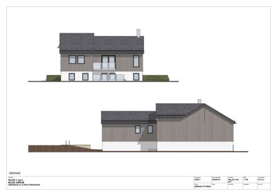 Fasadetegning som viser bygningens utside med vinduer, takform og fasadematerialer.