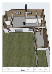 3D-visualisering av etasjeplan for 1. etasje i en boligrenovering, med synlig innvendig konstruksjon, gulv, vegger og tak.