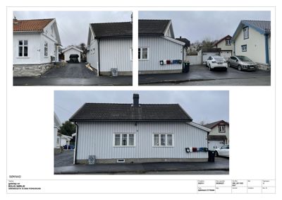 Fotografier av en eksisterende bolig med tilhørende bildebeskrivelser og søknadsinformasjon.