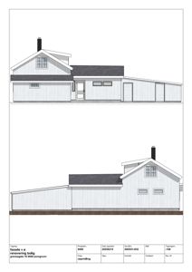 Fasadetegning som viser bygningens utseende fra vest (V) og øst (Ø), inkludert takform, vinduer, dører og materialer.