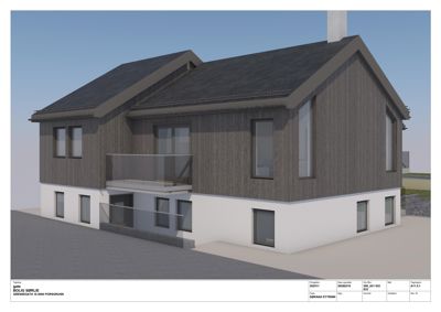 3D-visualisering av en bolig med fasade, tak og grunnmur