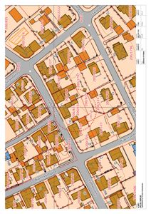 Situasjonsplan som viser tomtedeling, eiendomsnummer, bygningstyper og gatenavn i et tettbygd område.