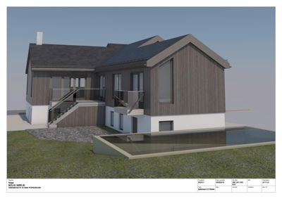 3D-visualisering av en bolig med fasade, trapp og uteplass