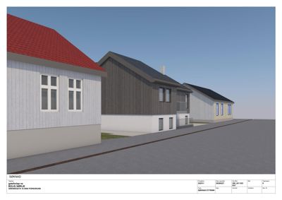 3D-visualisering (rendering) av en rekkehusbebyggelse sett fra gatenivå. Bildet viser fasader, tak og grunnplan.