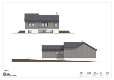 Fasadetegning som viser bygningens utseende fra nord og øst.
