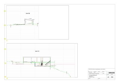 Snittegning (Snitt BB og CC) som viser tverrsnitt gjennom bygningen, inkludert takhøyder, terrengforhold og konstruksjonsdetaljer.