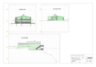 Fasadetegning som viser bygningens utseende fra tre sider: Fasade Sør, Fasade Nord og Fasade Øst.