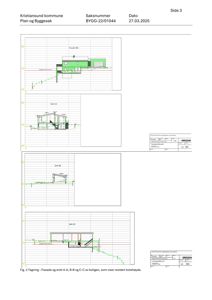 Tegning som viser fasadeopprikk (fra front) og snittegninger (A-A, B-B, C-C) av en bolig, inkludert kotehøyder og takform.