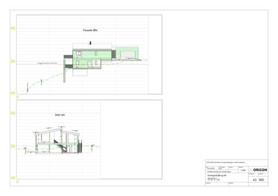 Bildet viser en tegning med en fasade (Fasade Øst) og et snitt (Snitt AA) av en bygning.