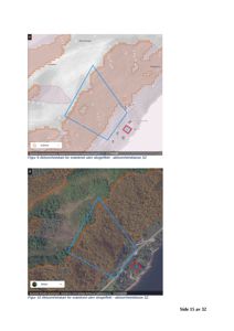 Bildet viser to kart (Figur 9 og Figur 10) som illustrerer et aktuelt område for snøskred. Det øverste kartet er en topografisk tegning, mens det nedre kartet er et flyfoto. Begge viser en blå polygon som definerer et aktuelt område.
