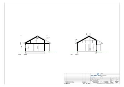 Tegning som viser tverrsnitt (snitt) gjennom en bygning, med mål og detaljer for takkonstruksjon og vegg.