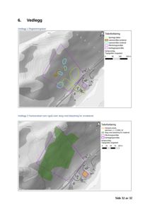 Bildet viser to kart (registreringskart og faresonekart) som illustrerer tomtens topografi, arealer og områder med betydning for snøskred.