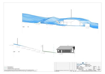 Snittegning (S-5 og S-6) som viser bygningens tverrsnitt, høydemål, terrengform og konstruksjon.