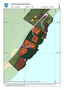 Situasjonsplan (tomtekart) som viser eiendomsinndeling, bygninger og infrastruktur sett fra oven.