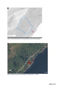 Bildet viser to kart med lokalisering av eiendom (gnnr 65/13). Øverste del er et topografisk kart med kartlagt areal (rødt) og influensareal (blått). Nedre del er et ortofoto (flyfoto) med markerte punkter langs kysten.