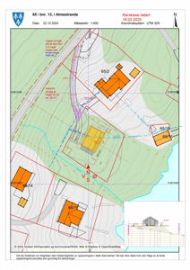 Situasjonsplan (rørskisse) som viser tomtene, bygninger, vegforhold og topografi for eiendommen 65/bnr. 13 i Almelstranda.