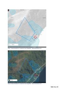Bildet viser to kartutsnitt (fra Gråtone og Bilder) som illustrerer et aktuelt område med overlagte blå områder for snøskred med skogeffekt. Det er også markert med et rødt rektangel som indikerer en spesifikk plassering.
