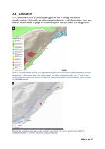 Kart over et område med overlagte data om løsmasser og marin grense.