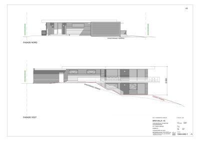 Tegning som viser fasadeoppsettet for bygningen sett fra nord og vest, inkludert terrengforhold.
