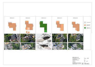 Situasjonsplan som viser tomtene Breviklia 41-49 med overlappende arealer (grått, oransje og grønt) og nabolagets bebyggelse.