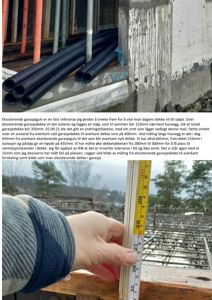 Fotografier fra en byggeplass som viser eksisterende garasjevegg, rør og et målebånd for å dokumentere høyder.