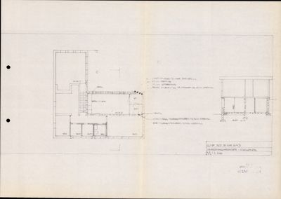 Bildet viser en tegning som viser romfordeling, vegger og trapp i et hus. Det er også en mindre detaljtegning av en veggkonstruksjon.