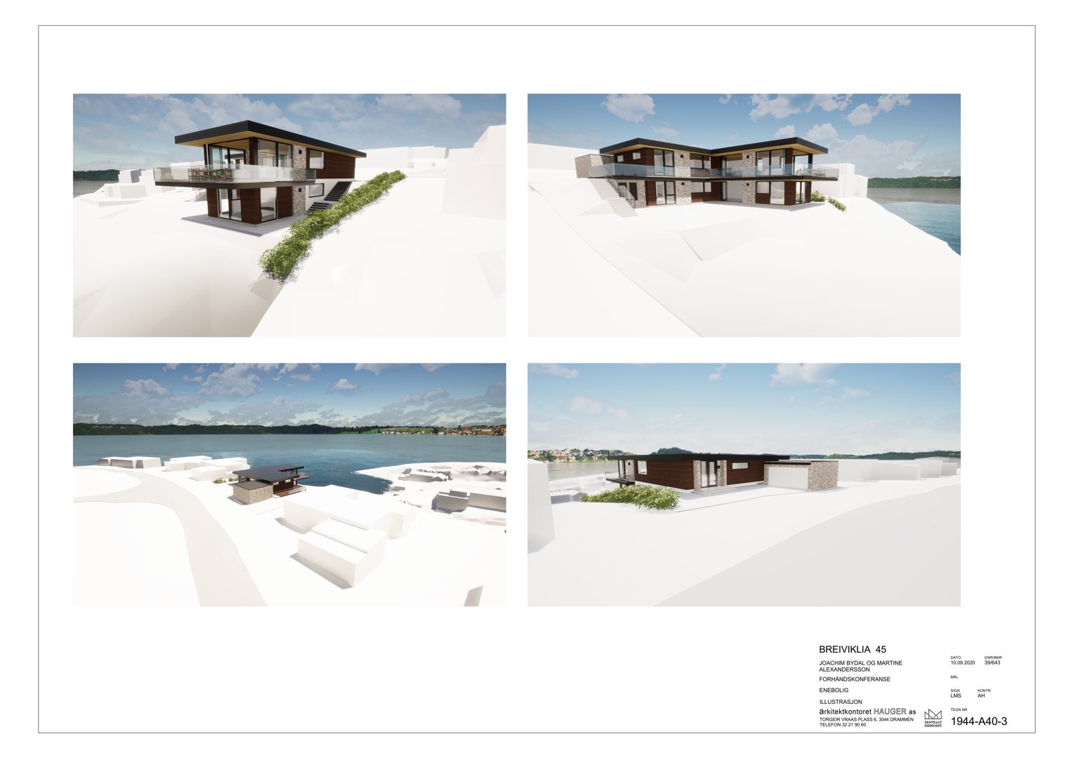 Bildet viser fire 3D-visualiseringer (renderinger) av en planlagt bygning i ulike vinkler og perspektiver, inkludert et utsnitt med utemøbler.