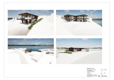 Bildet viser fire 3D-visualiseringer (renderinger) av en planlagt bygning i ulike vinkler og perspektiver, inkludert et utsnitt med utemøbler.