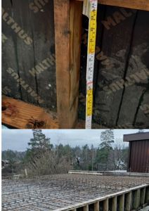 Fotografi som viser to deler: øverst en måling av en vertikal spalte i en konstruksjon, og nederst et tak med armering under pågående arbeid.