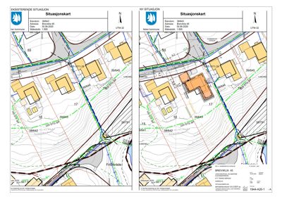 Situasjonskart som viser eksisterende og planlagt situasjon for eiendommen Breviklia 45, inkludert topografi, naboeiendommer og bygningers plassering.