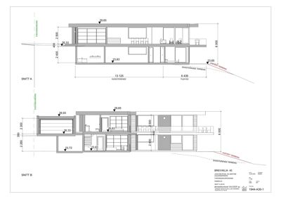 Snittegning (Snitt A og Snitt B) som viser bygningens tverrsnitt, høyder, nivåer og romfordeling.