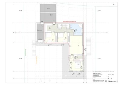 Etasjeplan (1. etasje) som viser romfordeling, eksisterende konstruksjon og nye inngrep.