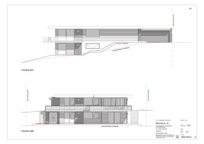 Tegning som viser fasader (øst og sør) for en bygning, inkludert terrengforhold.