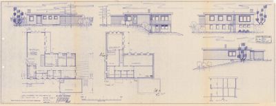 En tegning som viser etasjeplaner (romfordeling) og fasadeopprikk for en bolig.