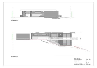 Tegning som viser fasadeopprikk for bygningen sett fra nord og vest, inkludert terrengforhold.