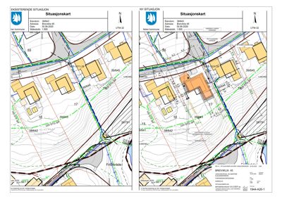 Situasjonskart som viser eksisterende og planlagt situasjon for eiendommen Breviklia 45, inkludert topografi, veinett og naboeiendommer.