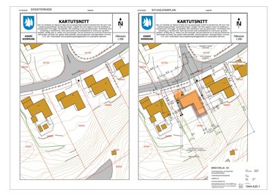 Bildet viser to kartutsnitt (situasjonsplaner) for et eksisterende bygg. Det er tegnet inn tomtegrenser, høydekurver, veier og nabobebyggelse.