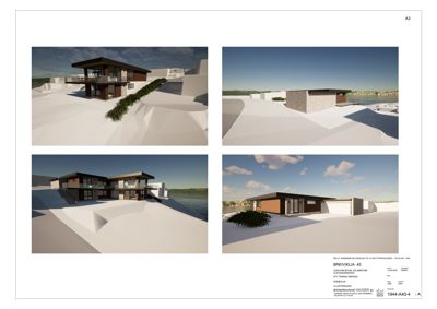 Bildet viser fire 3D-visualiseringer (renderinger) av en planlagt bygning sett fra ulike vinkler, inkludert fasade og situasjon i terrenget.