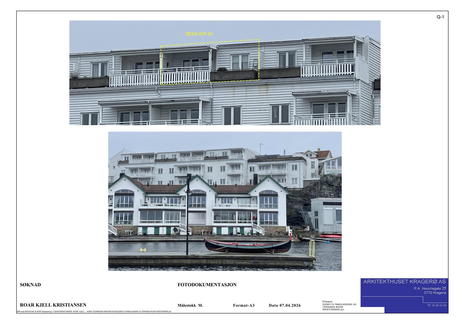 Fotodokumentasjon av en eksisterende bygning med balkonger og en båt i forgrunnen.