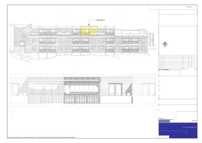 Fasadetegning som viser bygningens utseende sett fra sør, inkludert detaljer for innløsning av veranda.