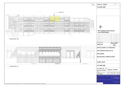 Fasadetegning som viser bygningens utseende sett fra sør, inkludert detaljer for innløsning av veranda.