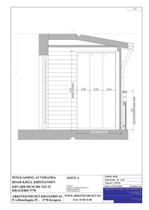 Snittegning (Snitt A) som viser detaljer for innlegging av veranda, inkludert mål på innglassing og eksisterende rekkverk.