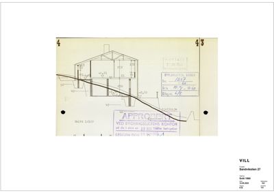 Snittegning av en bygning (vill) med oppgitt skala 1:100, som viser konstruksjon, høyder og grunnplan.