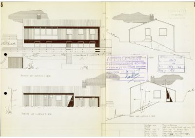 Tegning som viser fasadeopprikk for en bygning sett fra sydvest og sydøst.