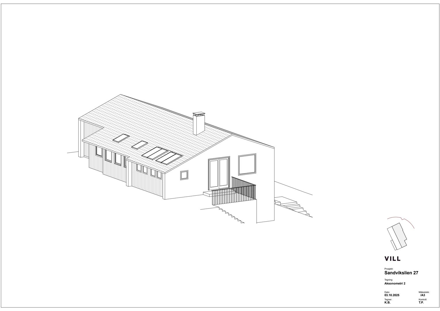 En 3D-linjegrafisk visualisering (rendering) av en villa sett fra en vinkel som viser både fasade og tak. Tegningen illustrerer bygningens form, takform, vindusoppsett og trapper utenfra.