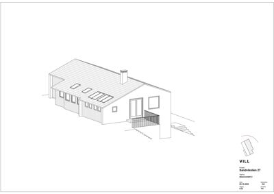 En 3D-linjegrafisk visualisering (rendering) av en villa sett fra en vinkel som viser både fasade og tak. Tegningen illustrerer bygningens form, takform, vindusoppsett og trapper utenfra.