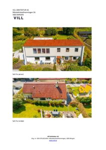 To foton av en villa, en fra sørvest og en fra nordøst, som viser fasade og omgivelser.