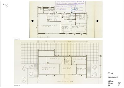 Bildet viser to etasjeplaner (etasjerplan 1960 og kjellerplan 1960) for en bygning på Sandvikslien 29. Planene inneholder romnavn, arealer og dimensjoner.