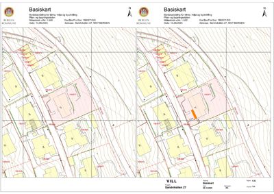 Basiskart (situasjonsplan) som viser tomt, bygninger, vegger og høydeforhold.